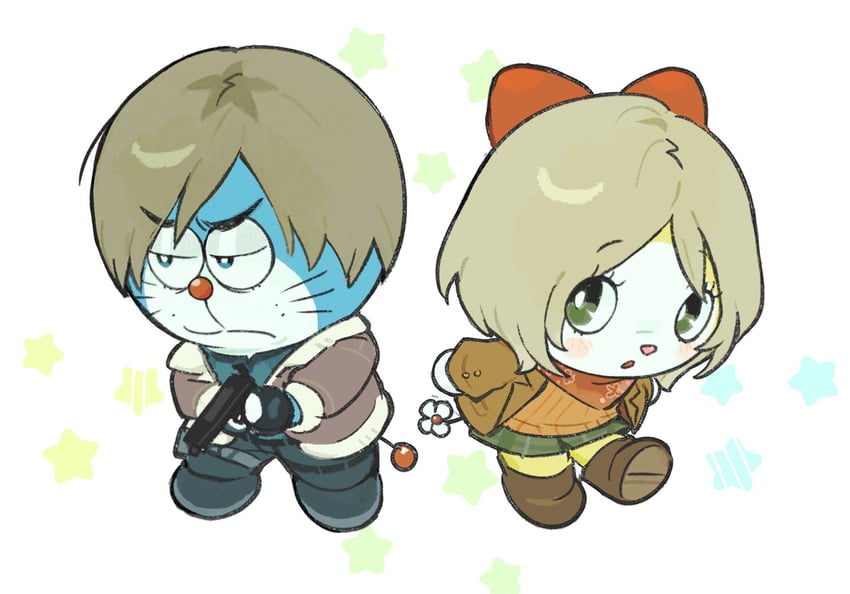 leon s. kennedy, doraemon, ashley graham, and dorami (resident evil and 2 more) drawn by d4nwru