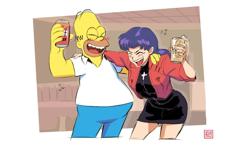 katsuragi misato and homer simpson (neon genesis evangelion and 1 more) drawn by zestysauce