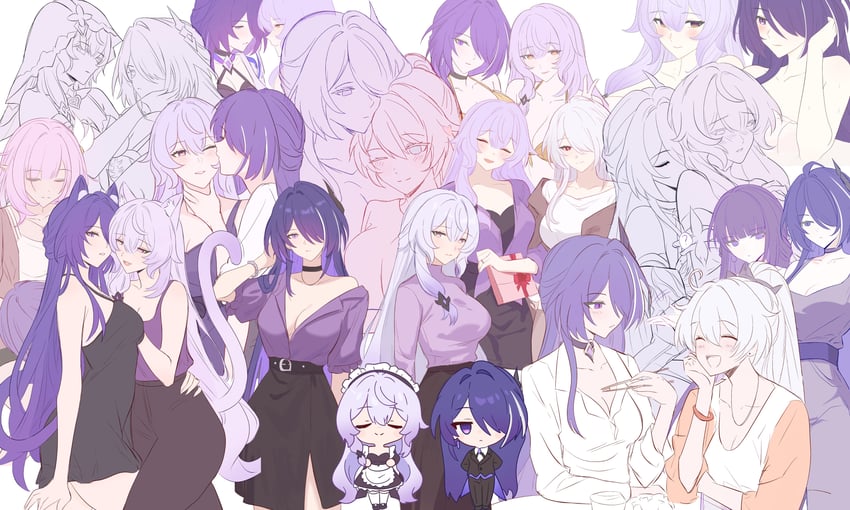 elysia, kiana kaslana, acheron, raiden mei, and black swan (honkai and 2 more) drawn by samlatte