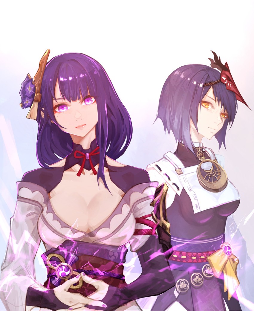 raiden shogun and kujou sara (genshin impact) drawn by deka_yo