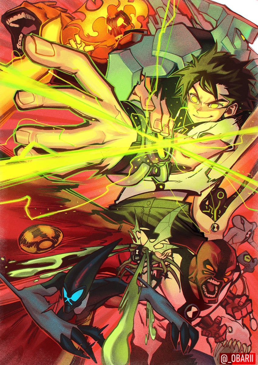 ben tennyson, four arms, heatblast, xlr8, upgrade, and 5 more (ben 10) drawn by obarii