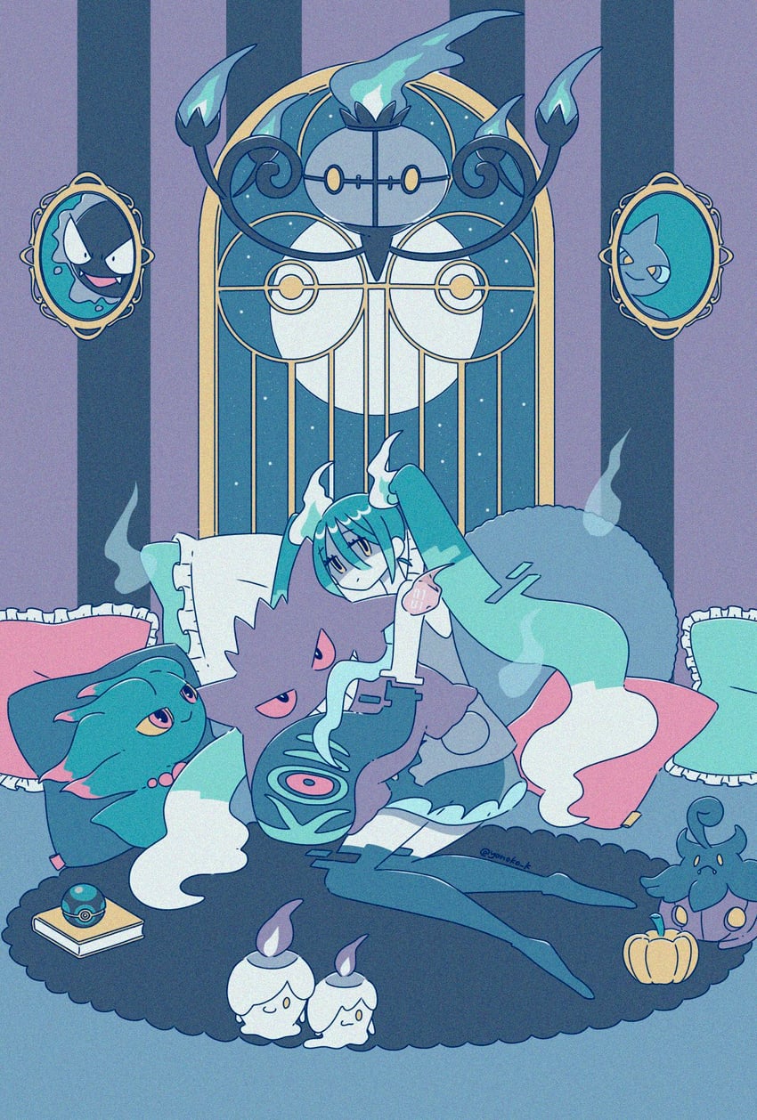 hatsune miku, gengar, litwick, chandelure, gastly, and 4 more (pokemon and 2 more) drawn by yonoko_k