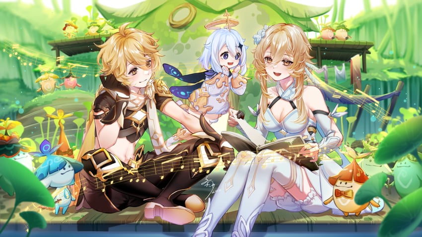 lumine, aether, paimon, aranara, and arama (genshin impact) drawn by sang_sha