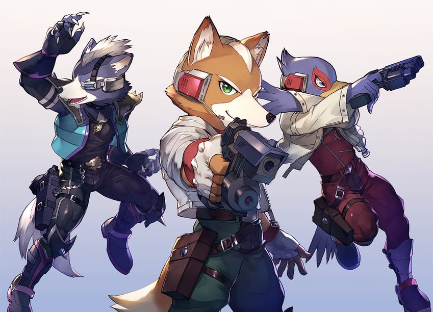 fox mccloud, wolf o'donnell, and falco lombardi (super smash bros. and 1 more) drawn by nagamori_kouta