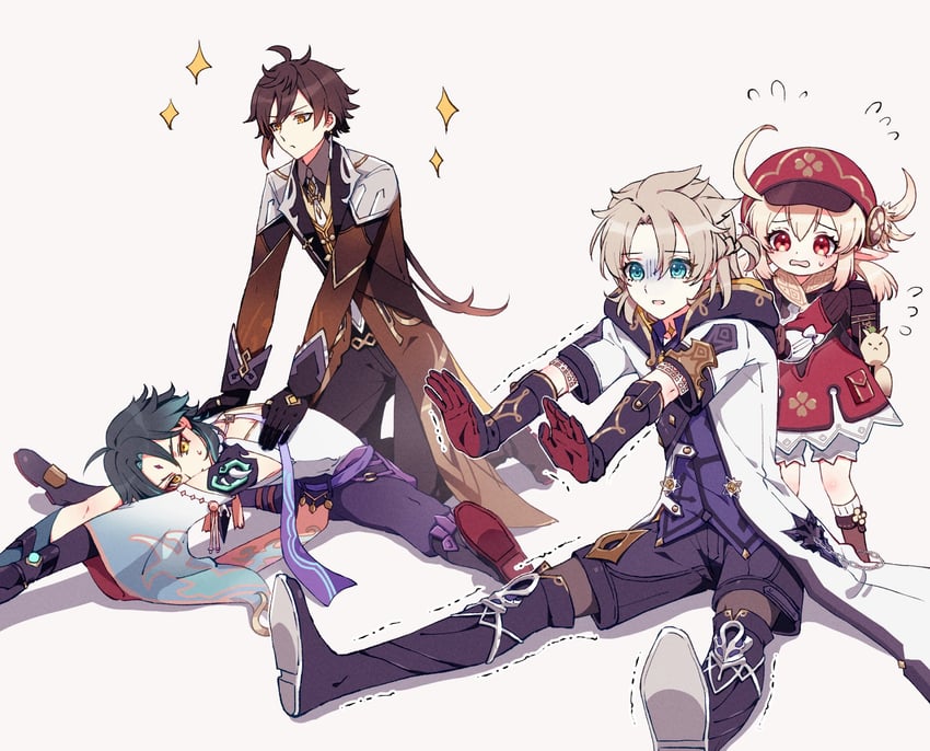 zhongli, klee, xiao, and albedo (genshin impact) drawn by roko_(rokomoko_don)