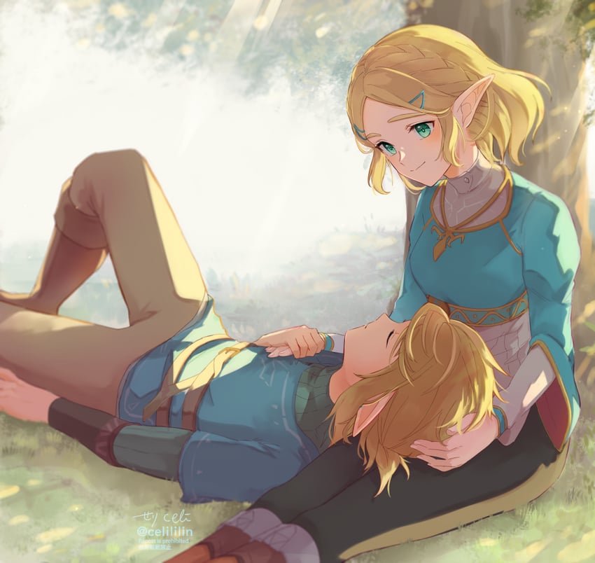 link and princess zelda (the legend of zelda and 1 more) drawn by seri_(yuukasakura)