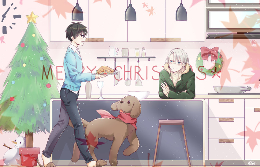 katsuki yuuri, viktor nikiforov, and makkachin (yuri!!! on ice) drawn by big_cat_shan