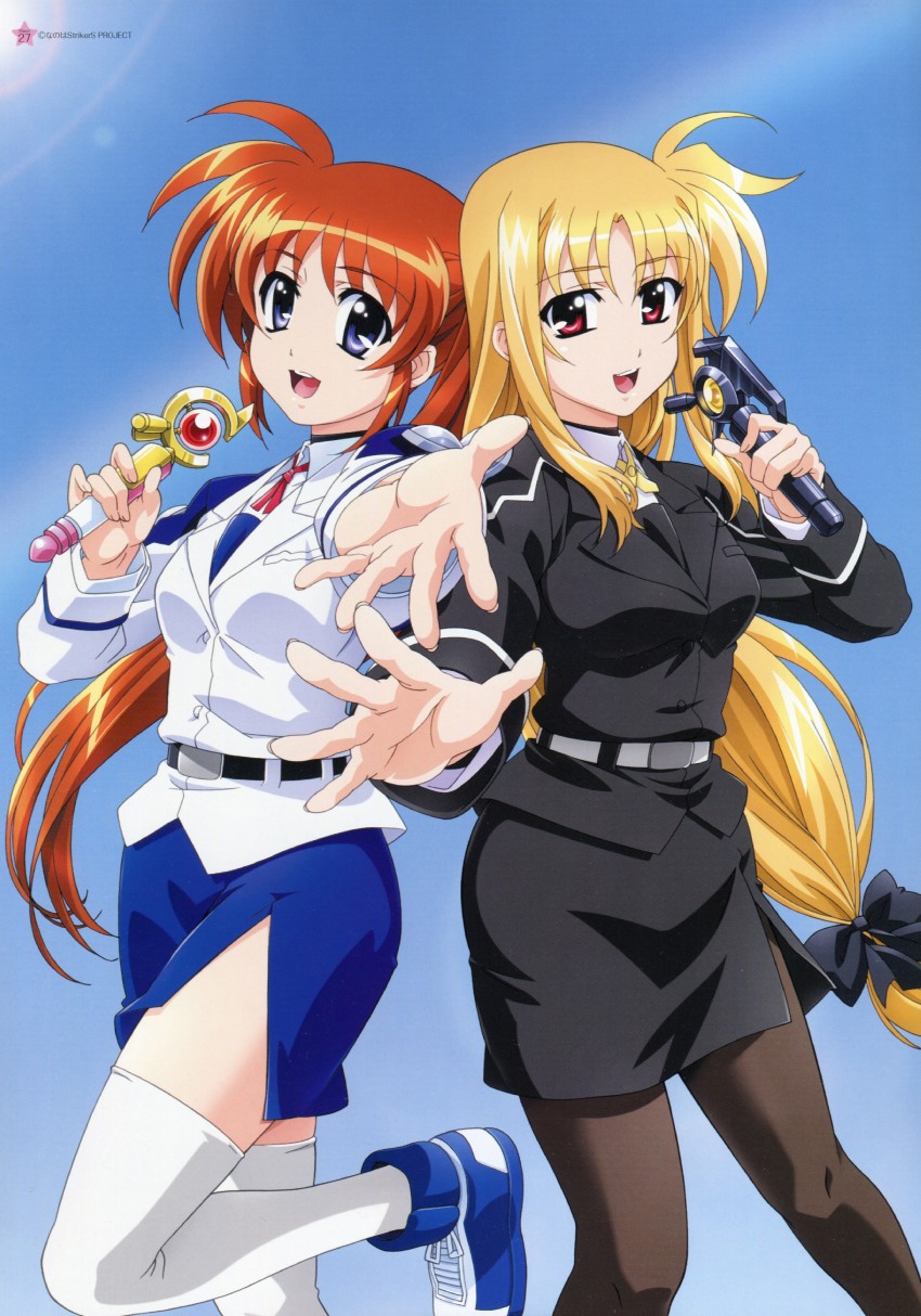fate testarossa, takamachi nanoha, raising heart, and bardiche (lyrical nanoha and 1 more) drawn by okuda_yasuhiro