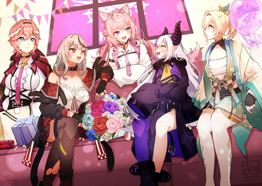 sakamata chloe, la+ darknesss, hakui koyori, kazama iroha, and takane lui (hololive) drawn by satsuki_(pixiv_742410)