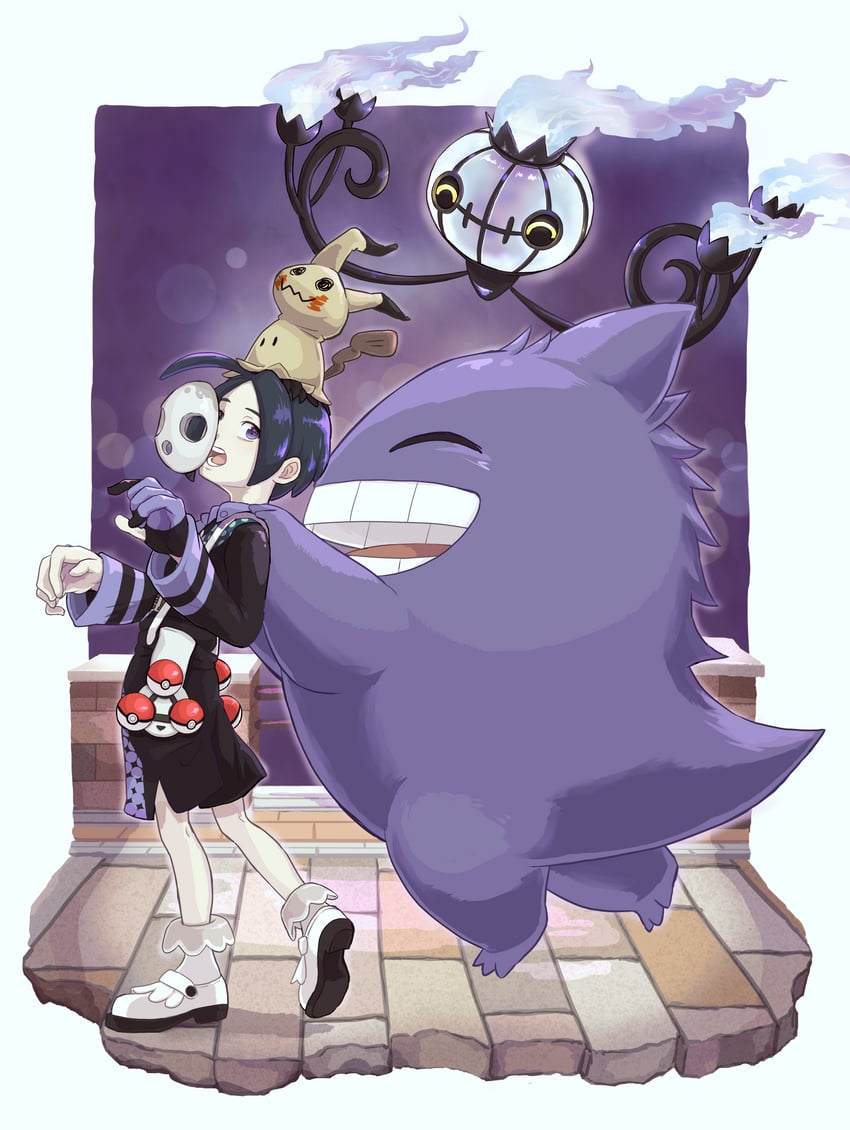 gengar, mimikyu, chandelure, and allister (pokemon and 1 more) drawn by hiyoko_kurabu