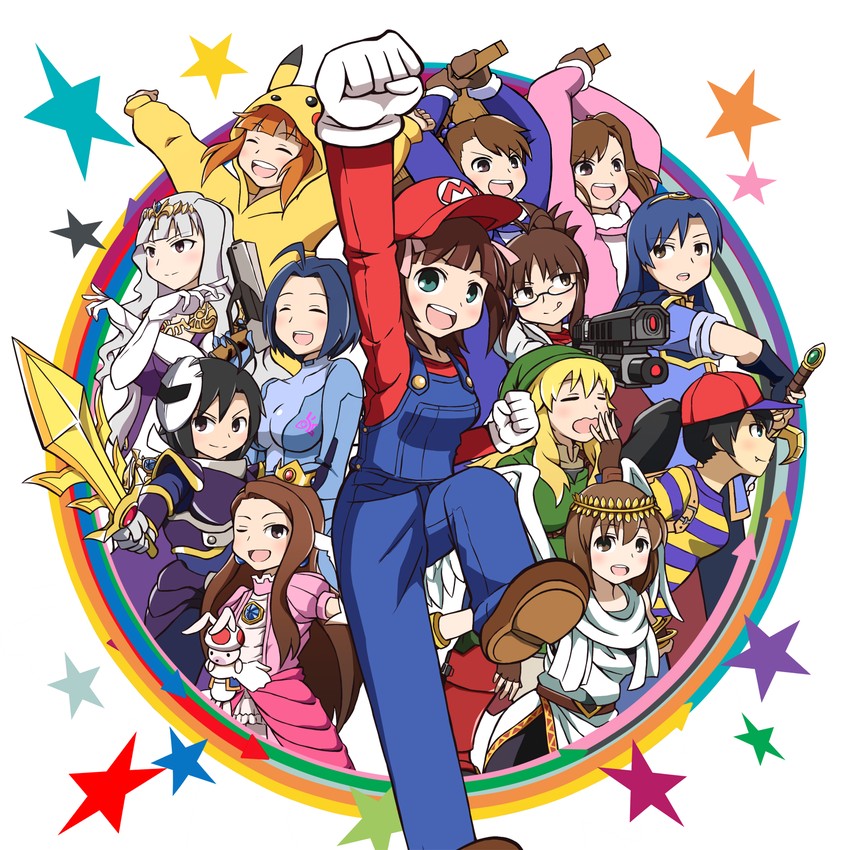 link, pikachu, princess zelda, princess peach, samus aran, and 23 more (pokemon and 13 more) drawn by sakaroshi
