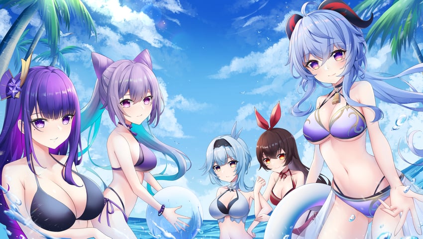 ganyu, raiden shogun, keqing, eula, and amber (genshin impact) drawn by pk_trap