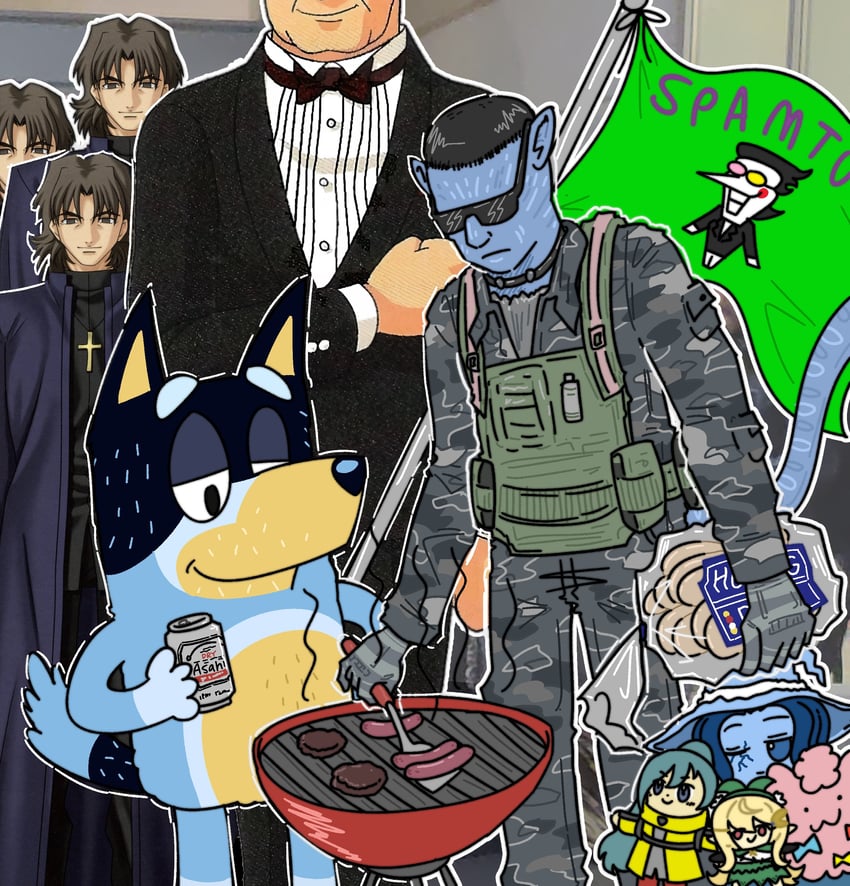 kotomine kirei, ranni the witch, pomu rainpuff, spamton g. spamton, gouda toshirou, and 3 more (fate and 9 more) drawn by napcakes