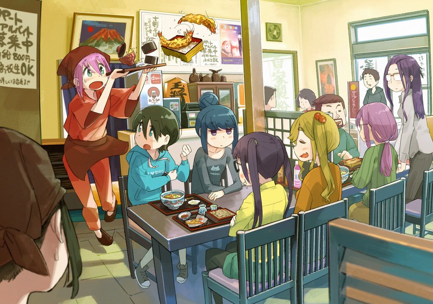 shima rin, kagamihara nadeshiko, inuyama aoi, oogaki chiaki, saitou ena, and 3 more (yurucamp) drawn by minawa