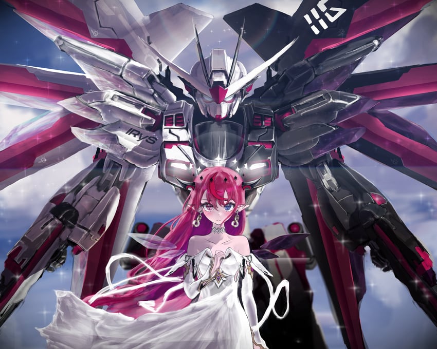 irys and strike freedom gundam (hololive and 4 more) drawn by takuslasher9