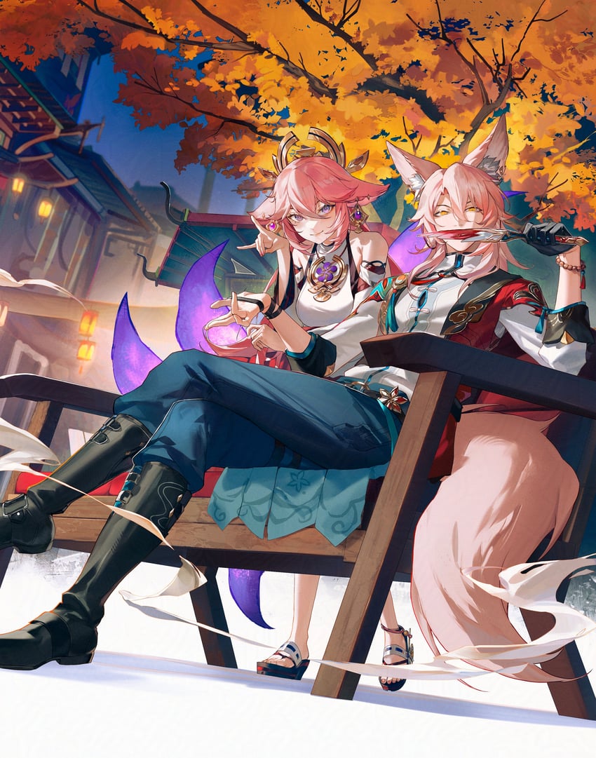 yae miko and jiaoqiu (genshin impact and 3 more) drawn by srro_yo