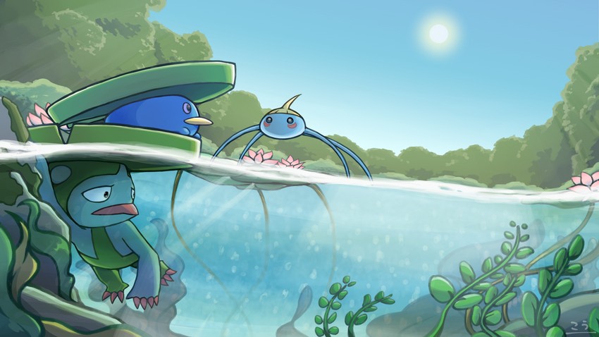 lotad, surskit, and lombre (pokemon) drawn by kou_osmtaka