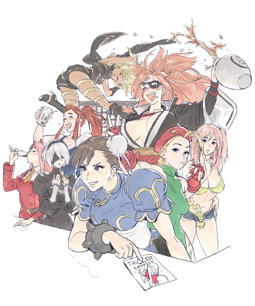 2b, chun-li, cammy white, zero two, baiken, and 3 more (street fighter and 13 more) drawn by hartova_maverick