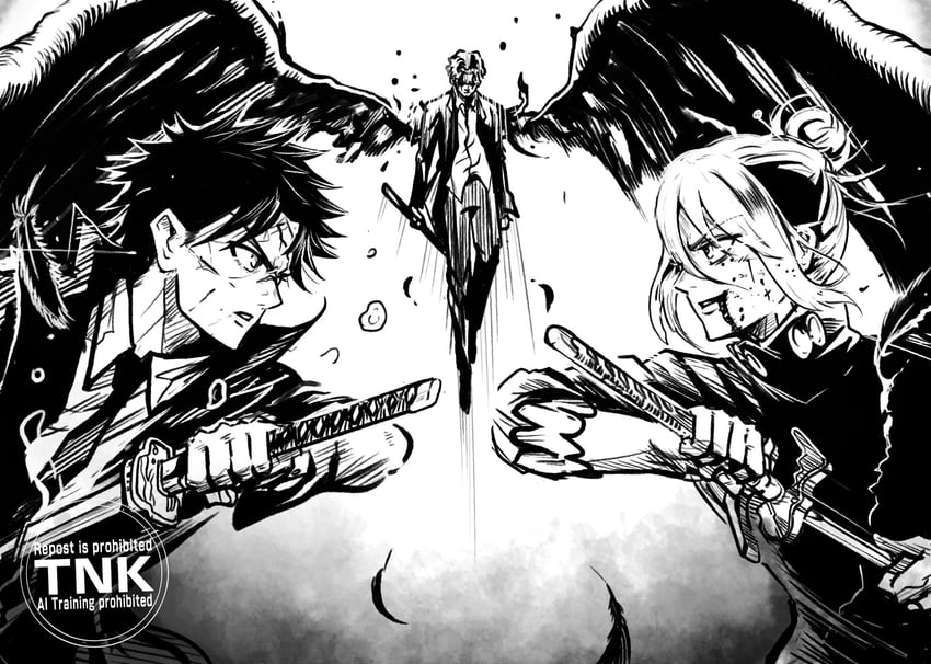 rokuhira chihiro, samura seiichi, and hiruhiko (kagurabachi) drawn by tanabatman