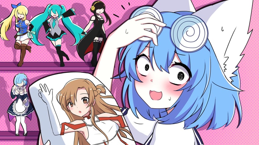hatsune miku, rem, yor briar, asuna, lucy heartfilia, and 1 more (vocaloid and 5 more) drawn by wolfychu_(artist)