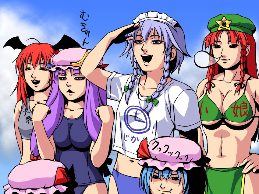 remilia scarlet, flandre scarlet, izayoi sakuya, patchouli knowledge, hong meiling, and 1 more (touhou) drawn by tripleeight