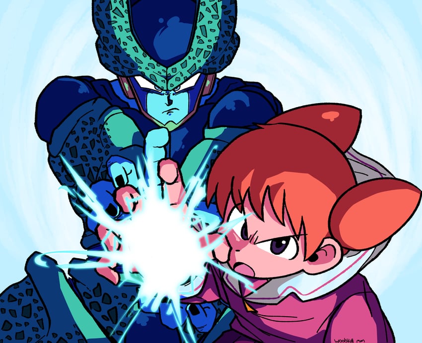 mihama chiyo, cell, mihama chiyo's father, perfect cell, and wakamoto norio (dragon ball and 2 more) drawn by woolskullman