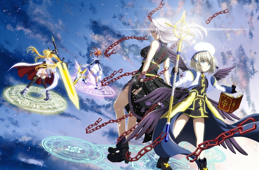 fate testarossa, takamachi nanoha, yagami hayate, raising heart, bardiche, and 3 more (lyrical nanoha and 3 more) drawn by shokikanes