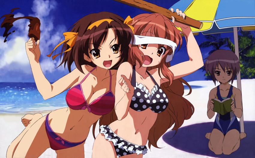 suzumiya haruhi, nagato yuki, and asahina mikuru (suzumiya haruhi no yuuutsu) drawn by takemoto_yasuhiro