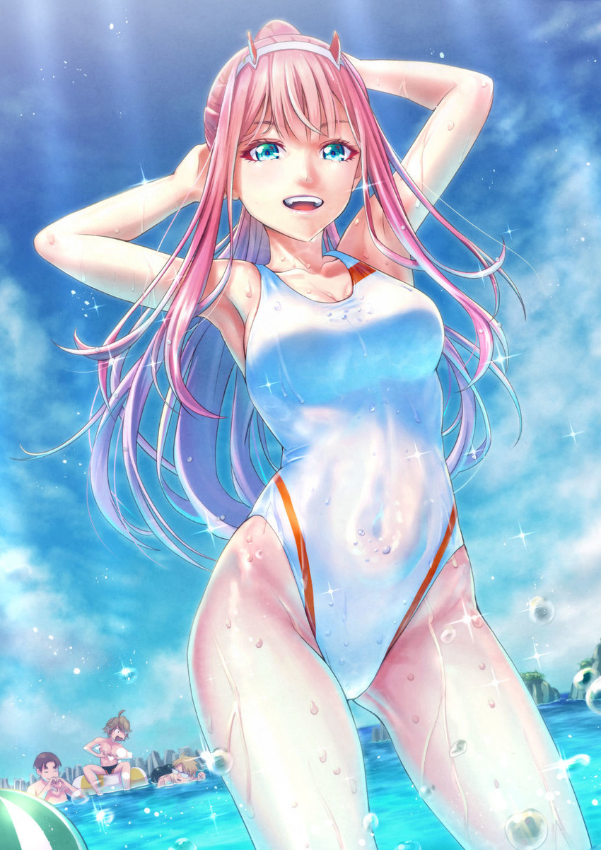 zero two, gorou, zorome, and futoshi (darling in the franxx) drawn by sakumichi