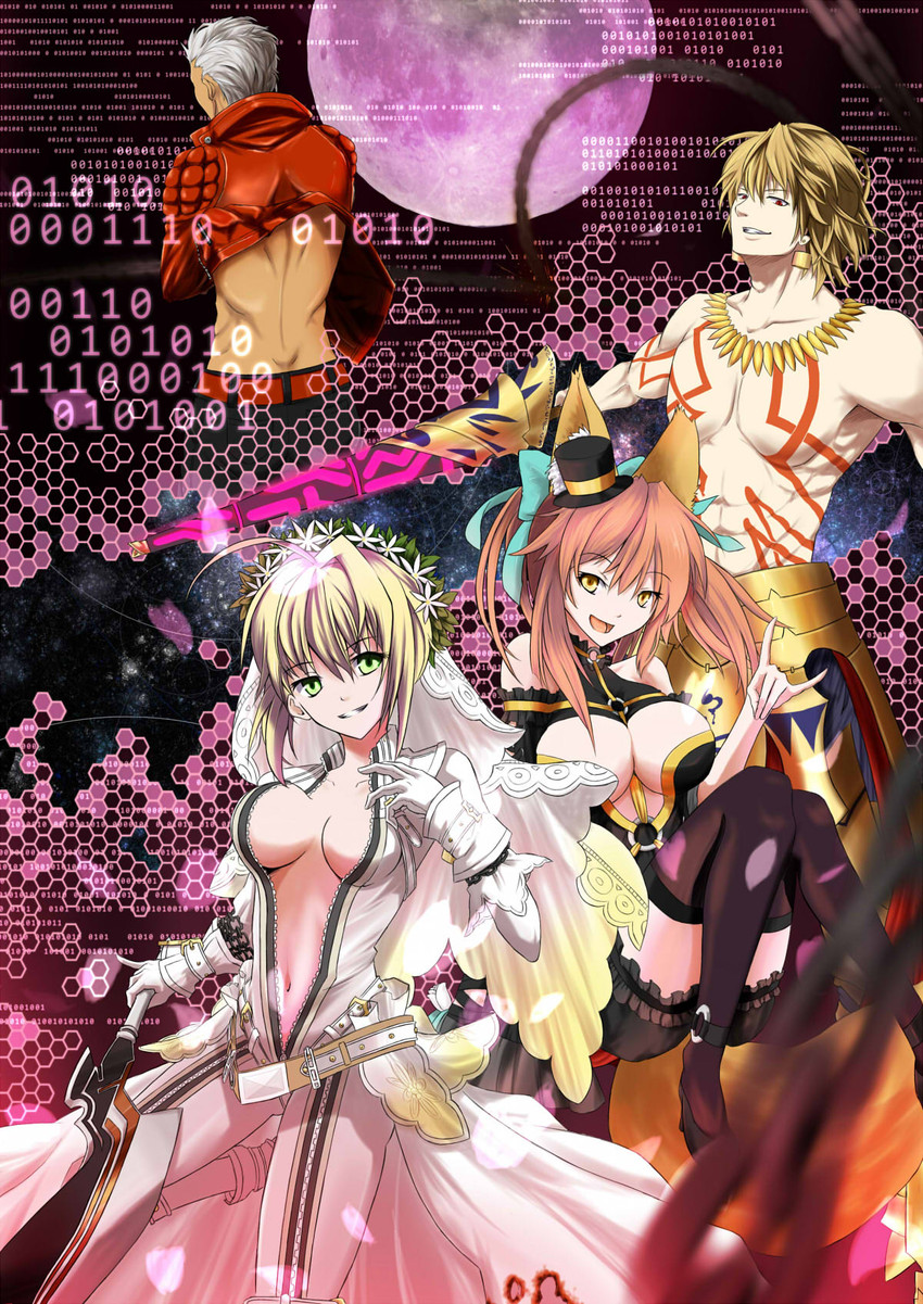 tamamo, gilgamesh, tamamo no mae, nero claudius, and archer (fate and 2 more) drawn by bloody_moon