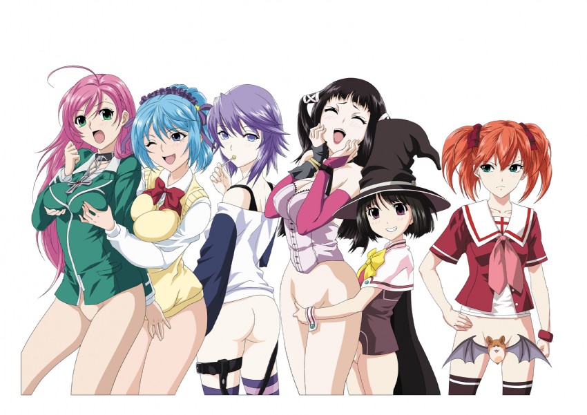 akashiya moka, shirayuki mizore, kurono kurumu, sendou yukari, toujou ruby, and 2 more (rosario+vampire) drawn by kamoroosaazu