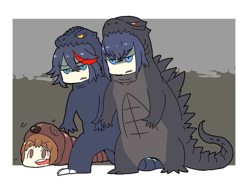 matoi ryuuko, kiryuuin satsuki, mankanshoku mako, godzilla, and mothra (kill la kill and 1 more) drawn by takatsuki_nato
