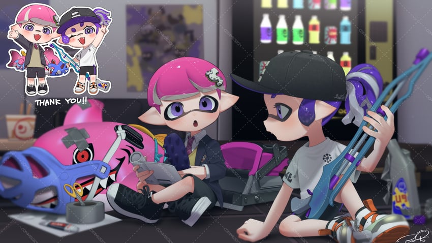 inkling player character, inkling girl, and inkling boy (splatoon and 1 more) drawn by puchiman