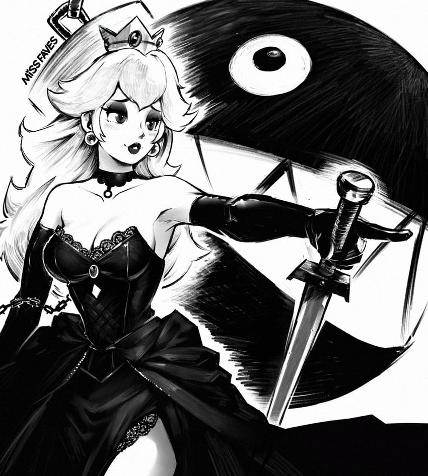 princess peach and chain chomp (mario) drawn by miss_faves