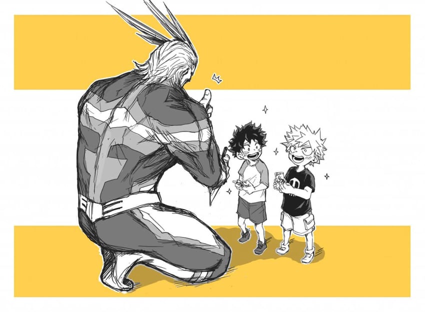 midoriya izuku, bakugou katsuki, and all might (boku no hero academia) drawn by woodlanddazo