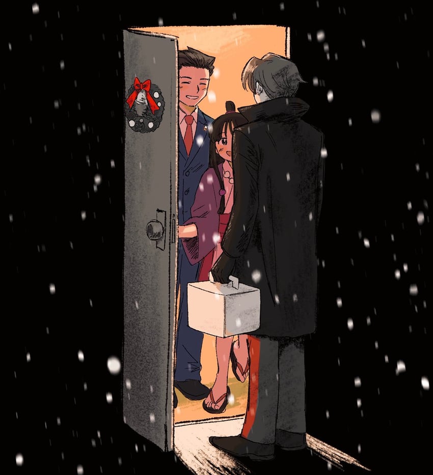 phoenix wright, miles edgeworth, and maya fey (ace attorney) drawn by renshu_usodayo