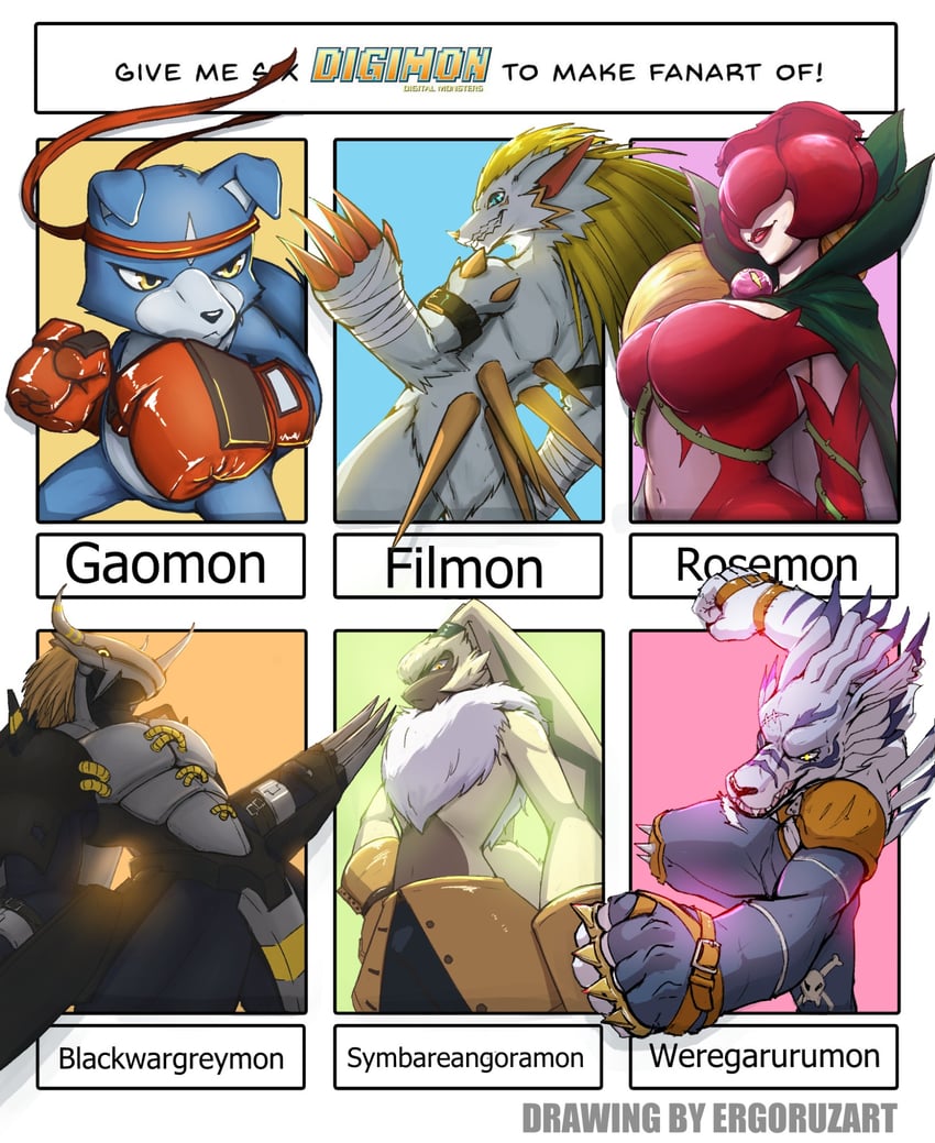 symbareangoramon, rosemon, weregarurumon, gaomon, blackwargreymon, and 1 more (digimon) drawn by ergoruzarts