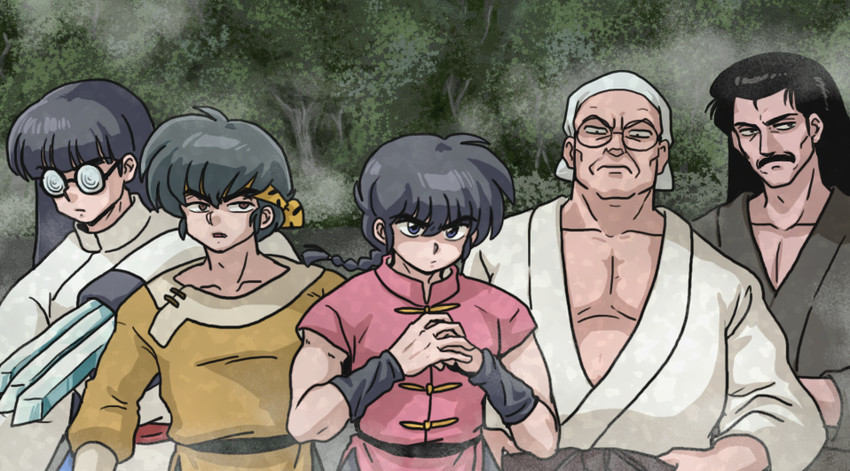 saotome ranma, hibiki ryouga, mousse, saotome genma, and tendou souun (ranma 1/2) drawn by wanta_(futoshi)