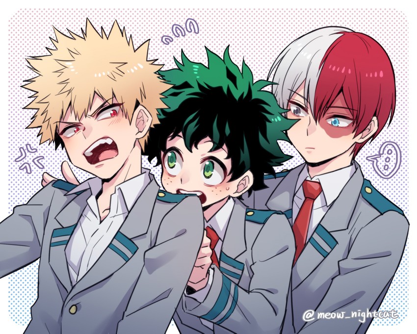 midoriya izuku, bakugou katsuki, and todoroki shoto (boku no hero academia) drawn by nightcat