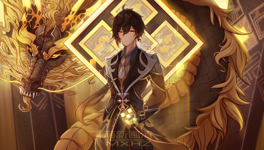 zhongli and rex lapis (genshin impact) drawn by mengxin_huazha