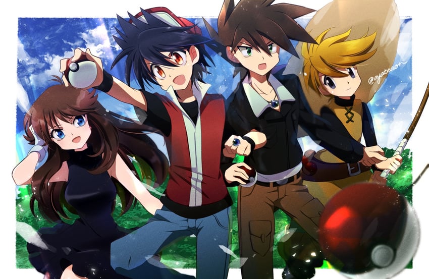 red, blue oak, green, and yellow (pokemon and 1 more) drawn by ayateaori