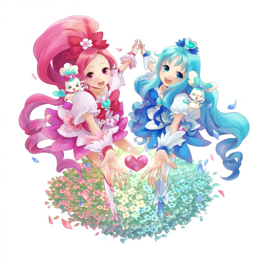 kurumi erika, hanasaki tsubomi, cure marine, cure blossom, coffret, and 1 more (precure and 1 more) drawn by nanatsu_maka