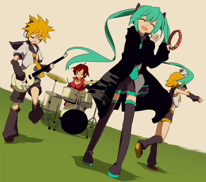 hatsune miku, kagamine rin, kagamine len, and meiko (vocaloid) drawn by ixy