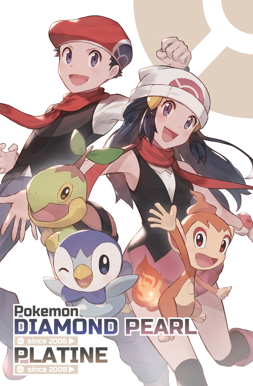 dawn, piplup, lucas, turtwig, and chimchar (pokemon and 1 more) drawn by odd_(hin_yari)