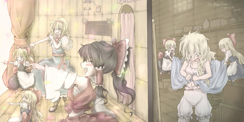 hakurei reimu, kirisame marisa, alice margatroid, and shanghai doll (touhou) drawn by aosiro-michi
