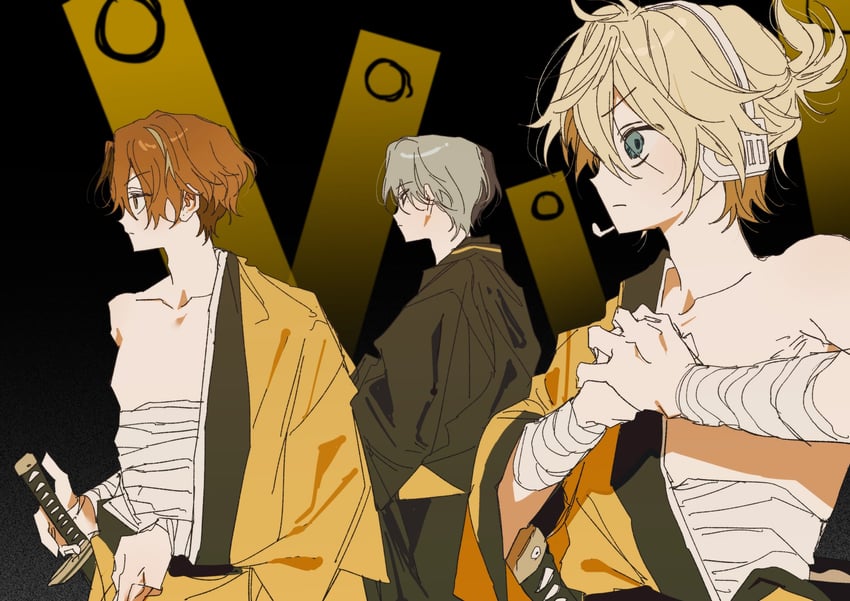 kagamine len, shinonome akito, aoyagi touya, and vivid bad squad len (vocaloid and 2 more) drawn by goguma_wagamja