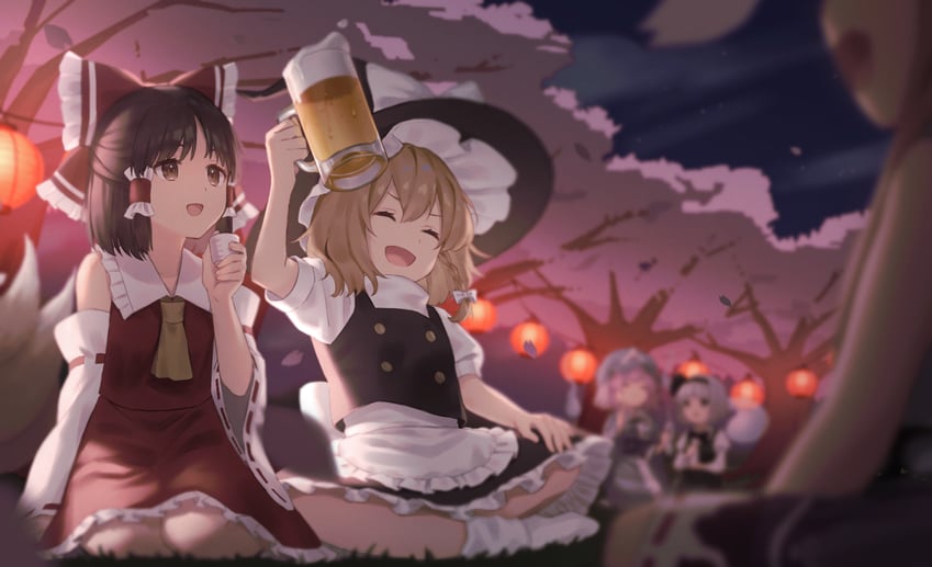 hakurei reimu, kirisame marisa, konpaku youmu, saigyouji yuyuko, and ibuki suika (touhou) drawn by norichiizu