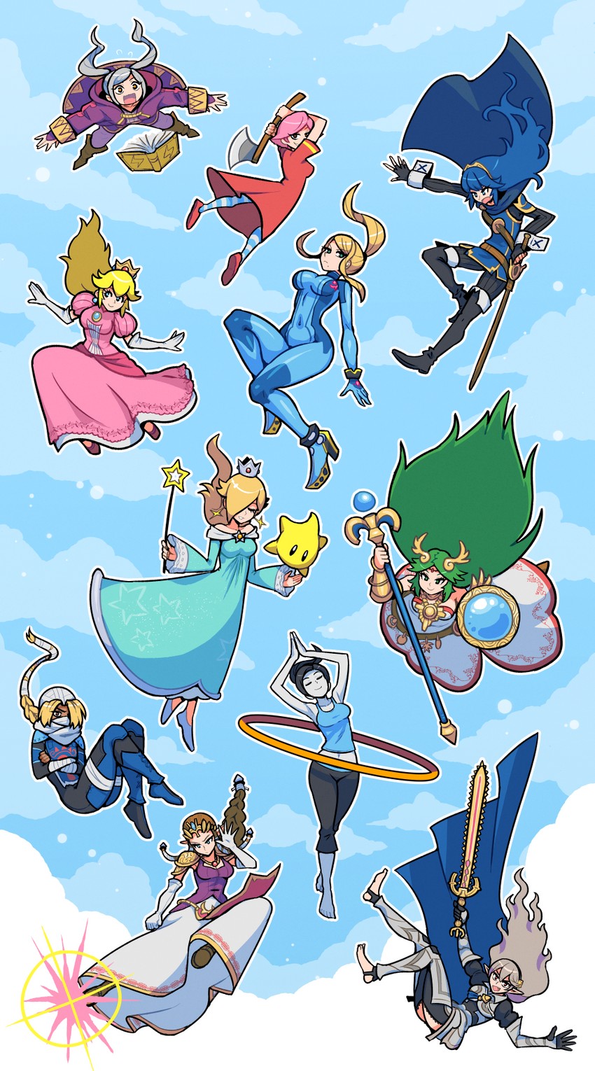 princess zelda, princess peach, samus aran, lucina, female corrin, and 7 more (fire emblem and 12 more) drawn by akairiot