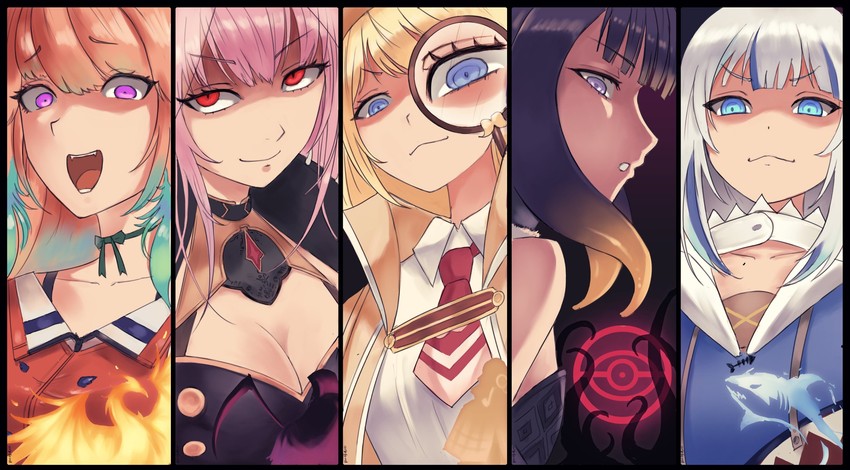 gawr gura, mori calliope, ninomae ina'nis, takanashi kiara, watson amelia, and 1 more (hololive and 1 more) drawn by ark_ford