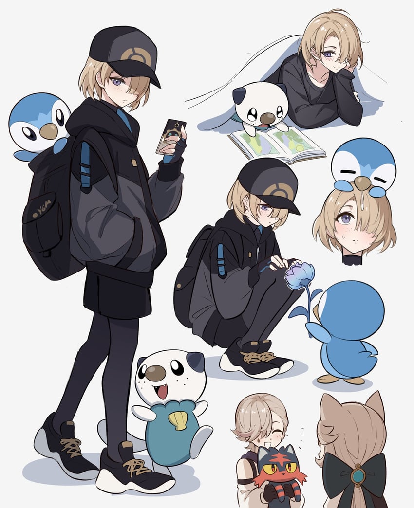 piplup, lynette, oshawott, lyney, litten, and 1 more (pokemon and 1 more) drawn by yagimi0n